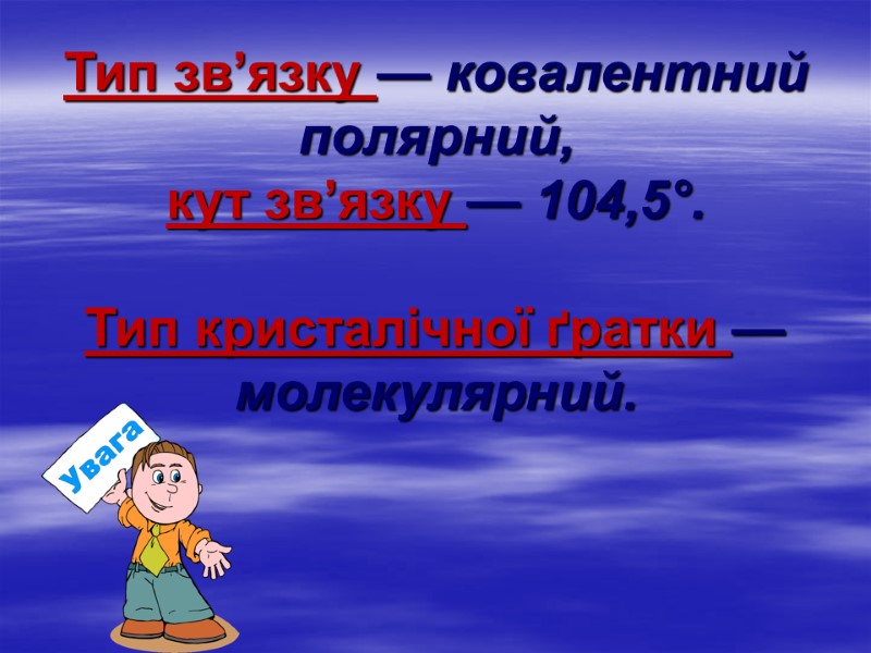 Тип зв’язку — ковалентний полярний,  кут зв’язку — 104,5°.   Тип кристалічної